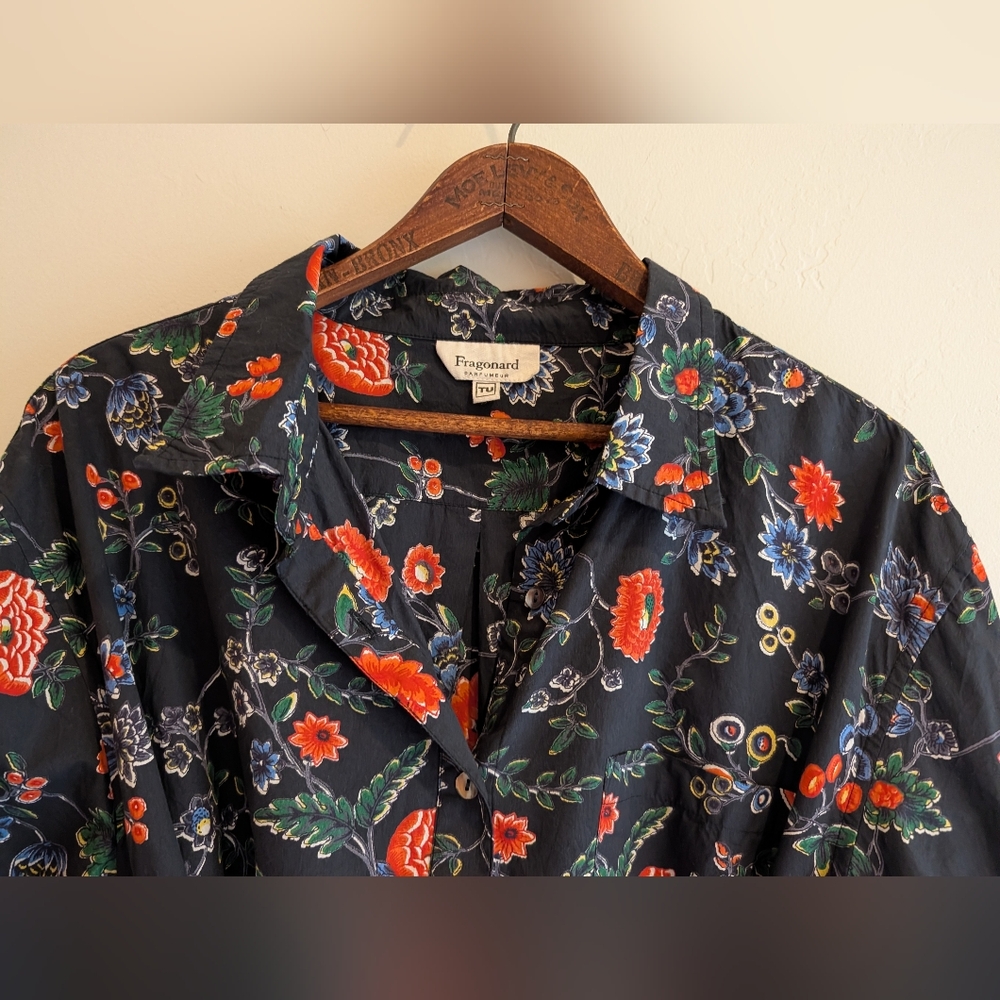 Fragonard Cotton Floral Self Belted Shirt Dress Free Size Navy Red - Picture 5 of 10